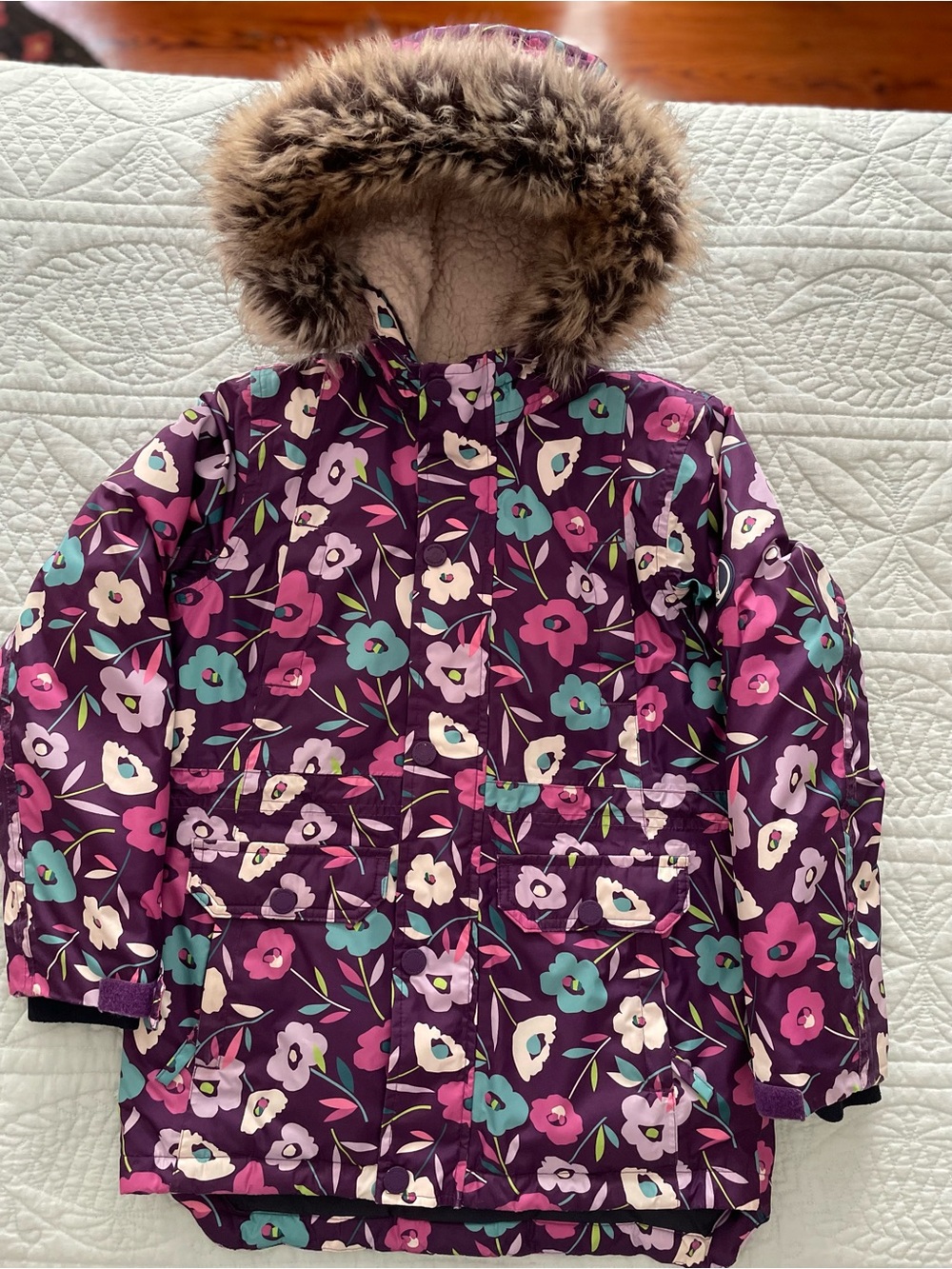 Lands End Girls' Floral Purple Winter Coat Faux Fur Lined Hood Size S (6-7)